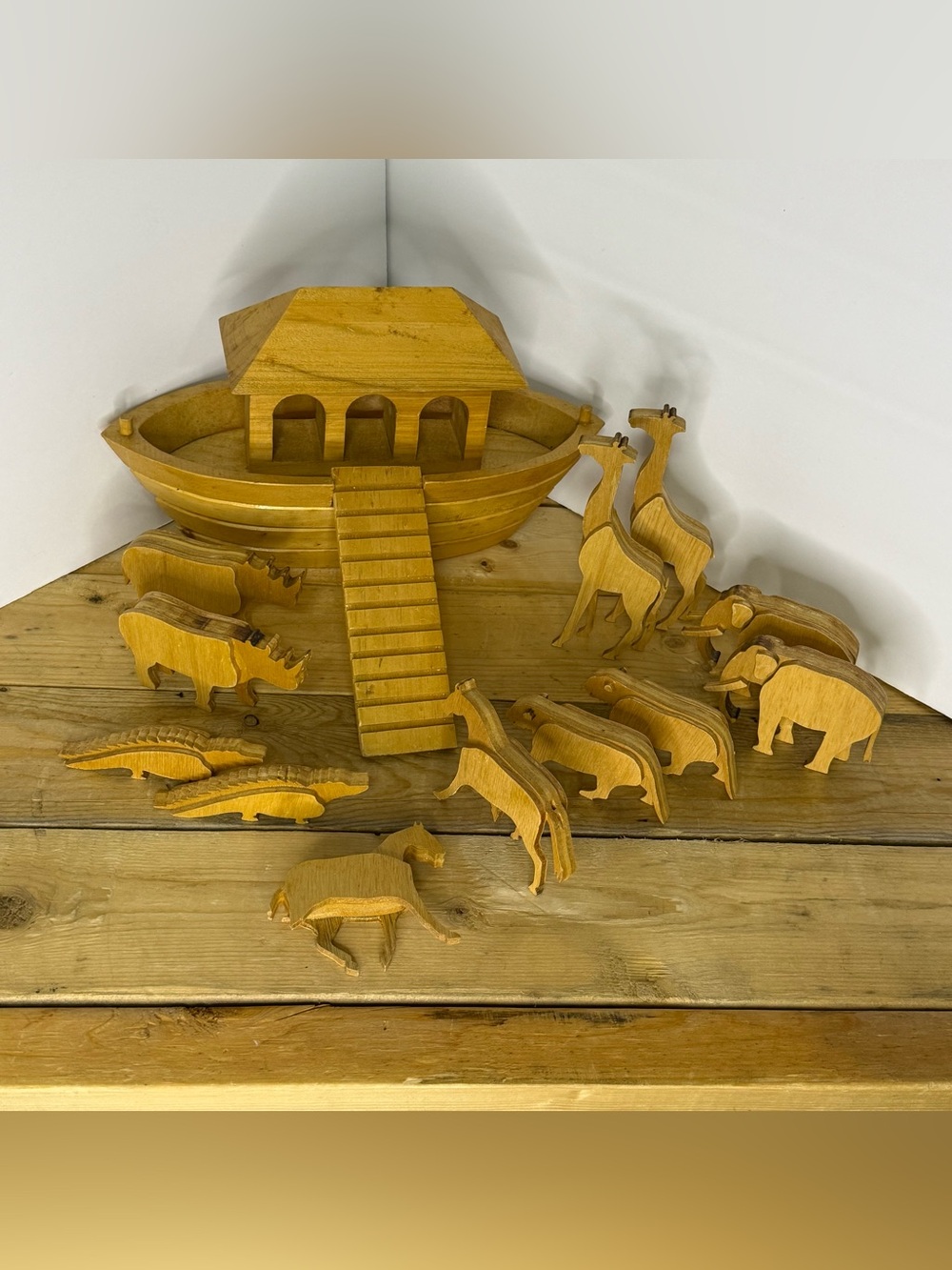 Vintage Handcrafted Wooden Noahs Ark Toy Set Folk Art Animals Read Description